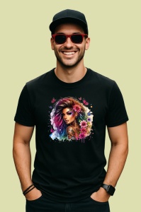 Tricou Side view girl pink flowers hair tattoo, fata profil cu flori roz si tatuaje, Copii | Dama | Barbat , tricou negru - Img 3