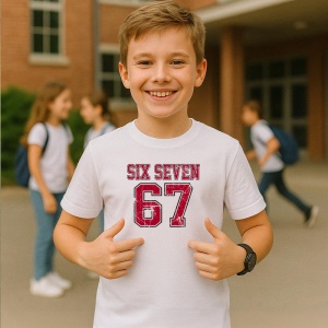 Tricou SIX SEVEN 67 Logo Vintage Rosu, din bumbac 100%, tricou alb, Copii | Dama | Barbat - Img 2