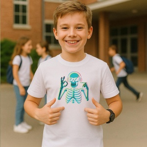 Tricou SIX SEVEN 67 Skeleton Cool Neon, din bumbac 100%, tricou alb, Copii | Dama | Barbat