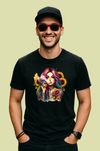 Tricou Smoking girl floral tattoo, fata care fumeaza cu tatuaj floral, Copii | Dama | Barbat , tricou negru - Img 3