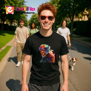 Tricou Soldat pe motor in flacari fundal artistic Copii | Dama | Barbat, culoare negru - Img 5