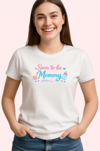Tricou Soon To Be Mommy Text Roz Inimi Albastre, din bumbac 100% , tricou alb pentru Dama - Img 2