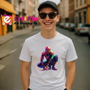 Tricou Spiderman desen colorat pozitie ghemuit fundal alb Copii | Dama | Barbat - Img 5