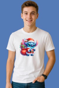 Tricou Stitch Cu Sac De Cadouri Rosu, din bumbac 100%, tricou alb, Copii | Dama | Barbat - Img 3