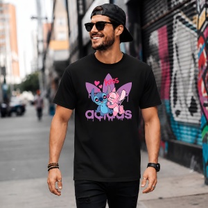 Tricou Stitch Si Angel Sarut Kiss Logo Mov Urban Aesthetic Love, din bumbac 100%, tricou negru, Copii | Dama | Barbat - Img 5