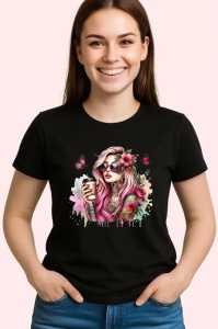 Tricou Summer hat woman floral elegance, femeie cu palarie de vara si eleganta florala, Copii | Dama | Barbat , tricou negru - Img 3