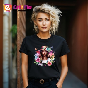 Tricou Summer hat woman floral, femeie cu palarie de vara si flori, Copii | Dama | Barbat , tricou negru - Img 8