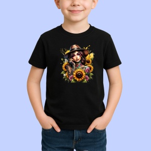 Tricou Sunflower bouquet girl hat, fata cu palarie si buchet de floarea soarelui, Copii | Dama | Barbat , tricou negru - Img 2