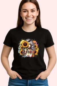 Tricou Sunflower cover girl dreamy look, fata visatoare acoperita cu floarea soarelui, Copii | Dama | Barbat , tricou negru