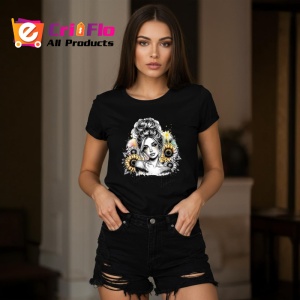 Tricou Sunflower shoulder girl sketch style, fata cu floarea soarelui pe umar stil schita, Copii | Dama | Barbat , tricou negru - Img 8