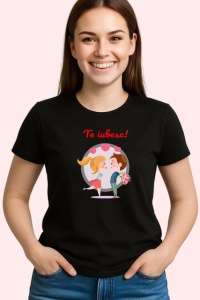 Tricou Te Iubesc Cuplu Indragostit Cu Flori Si Inimi, din bumbac 100%, tricou negru Copii | Dama | Barbat