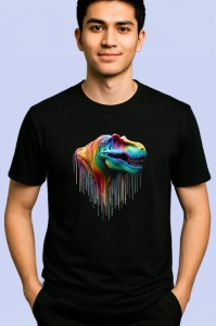 Tricou Tyrannosaurus rex in culori curcubeu fundal alb Copii | Dama | Barbat, culoare negru - Img 2