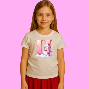 Tricou U Litera Craciun Roz Cu Om De Zapada Fulgi De Zapada, din bumbac 100% Copii | Dama | Barbat - Img 2
