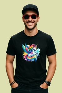 Tricou Unicorn with wings flying smile, unicorn cu aripi zambitor si colorat, Copii | Dama | Barbat , tricou negru - Img 3