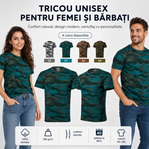 Tricou Unisex Camuflaj din 100% Bumbac, 160 g/m², Mărimi XS–3XL