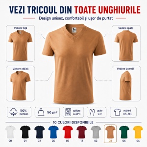 Tricou Unisex Damă și Bărbat Malfini 102, Guler în V, 100% Bumbac, 160 g/m², XS–3XL - Img 9