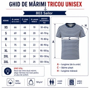 Tricou Unisex Damă și Bărbat Malfini 803 Sailor, Tip Marinăresc cu Dungi Alb–Albastru Marin, 100% Bumbac, 150 g/m², XS–3XL - Img 4