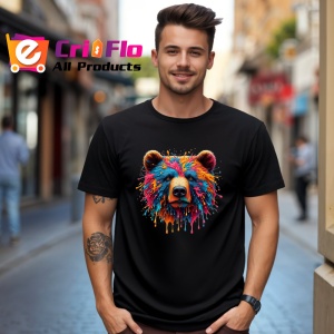Tricou Urs curcubeu realist fundal alb Copii | Dama | Barbat, culoare negru - Img 6
