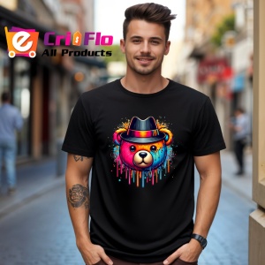 Tricou Urs panda cu palarie fedora si vopsea colorata Copii | Dama | Barbat, culoare negru - Img 6
