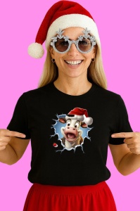 Tricou Vaca Cu Zambet Larg Craciun, din bumbac 100% Copii | Dama | Barbat