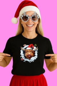 Tricou Vaca Highland Cu Fundal Albastru Si Braduti Craciun 2, din bumbac 100% Copii | Dama | Barbat - Img 3
