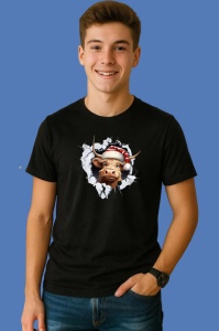 Tricou Vaca Highland Cu Fundal Negru Si Caciula Mosului Craciun, din bumbac 100% Copii | Dama | Barbat - Img 2