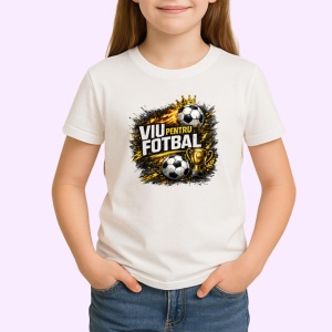 Tricou Viu Pentru Fotbal Minge Flacari V1, din bumbac 100% , tricou alb pentru Copii | Dama | Barbat
