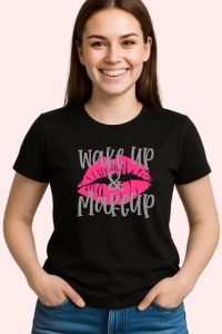 Tricou Wake Up And Makeup Buze Roz Ruj Negru, din bumbac 100%, tricou negru Dama | Barbat - Img 2