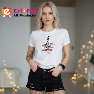 Tricou Wake Up And Makeup Ilustratie Cosmetice Roz, din bumbac 100% , tricou alb pentru Dama - Img 3