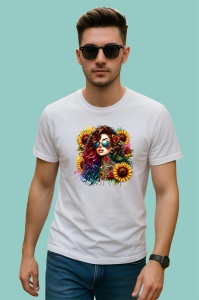 Tricou wavy hair girl cool glasses sunflower, fata cu par ondulat ochelari cool si floarea soarelui, Copii | Dama | Barbat - Img 2
