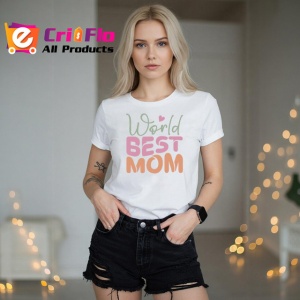 Tricou World Best Mom Text Roz Si Crem Elegant, din bumbac 100% , tricou alb pentru Dama | Barbat