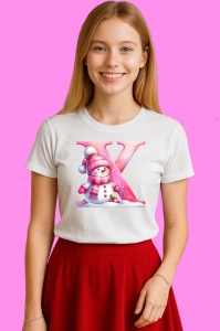 Tricou X Litera Craciun Roz Cu Om De Zapada Fulgi De Zapada, din bumbac 100% Copii | Dama | Barbat - Img 3