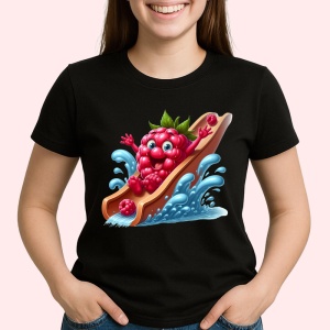 Tricou Zmeura amuzanta de vara in topogan, Fructe, Copii | Dama, culoare negru - Img 2