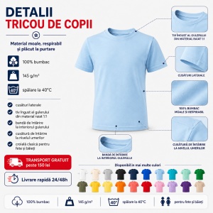 Tricouri copii simple din bumbac 100% – fete și băieți, 20 culori - Img 6