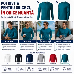 Bluză Bărbătească Brave 155 cu Mânecă Lungă, 95% Bumbac, 5% Elastan, Guler Rotund, S–3XL, 6 Culori - Img 8