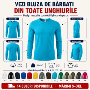 Bluză Bărbați Malfini 100% Bumbac, Mâneci Lungi, Slim Fit, 160 g/m², Guler Rotund, Mărimi S–3XL - Img 7