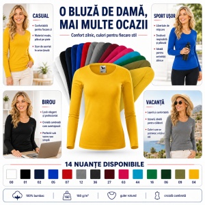 Bluză Damă decoltată din bumbac 100, slim fit cu mânecă lungă - 14 nuanțe - Img 5