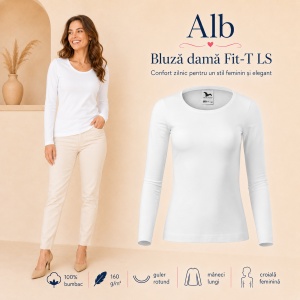 Bluză Damă decoltată din bumbac 100, slim fit cu mânecă lungă - 14 nuanțe - Img 16