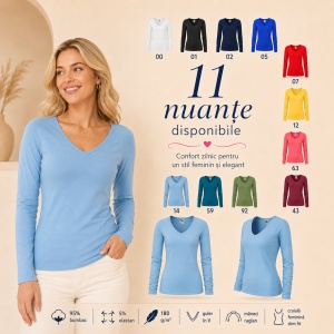 Bluză Damă Malfini Elegance 127 cu Mânecă Lungă și Guler V, 95% Bumbac – XS–3XL