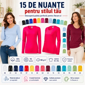 Bluză Damă Slim cu Mânecă Lungă, Bumbac 95% – 15 Nuanțe, XS–3XL - Img 7