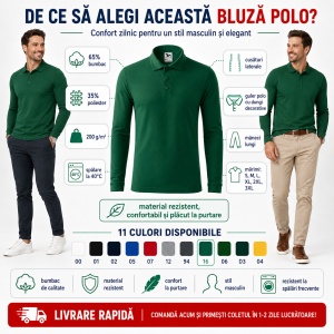 Bluză polo bărbați Malfini Pique Polo LS 221, mânecă lungă, 65% bumbac, 200 g/m² - Img 2