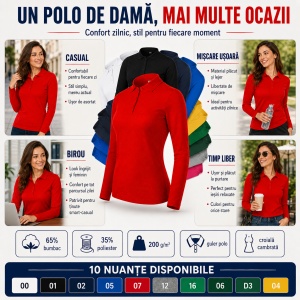 Bluză Polo Damă cu Mânecă Lungă Malfini, Croială Cambrată, Guler Polo Raiat, 4 Nasturi, 10 Culori, Mărimi XS–2XL - Img 9