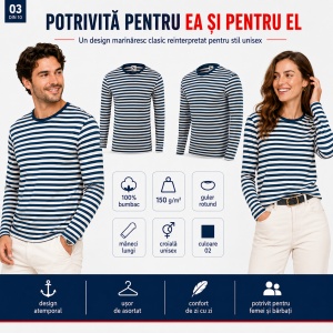 Bluză unisex damă și bărbat Malfini 807 Sailor, tip marinăresc, mânecă lungă, 100% bumbac, 150 g/m² - Img 9