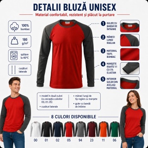 Bluză Unisex Damă și Bărbat Rimeck 130 Street LS, Bicoloră, Mâneci Lungi Raglan, 100% Bumbac, 180 g/m², S–4XL - Img 3