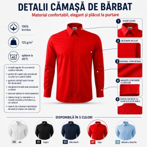 Cămașă bărbați cu mânecă lungă Malfini 209 Style LS, 100% bumbac, croială regular fit, guler clasic și buzunar la piept - Img 3