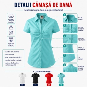 Cămașă Damă Malfini 214 Chic, Mânecă Scurtă, Croială Cambrată, 100% Bumbac, 120 g/m² - Img 3