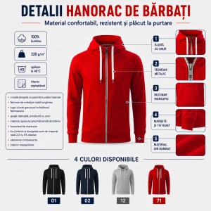 Hanorac bărbătesc cu fermoar 452 Voyage, 100% bumbac, 320 g/m², glugă cu șnur, buzunar marsupiu, 4 culori, mărimi S–3XL - Img 3
