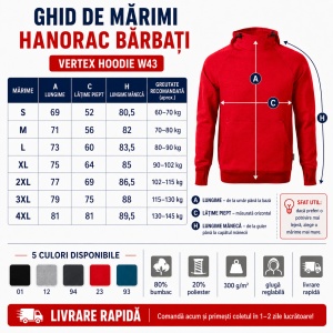 Hanorac Bărbați Vertex Hoodie W43, Glugă Reglabilă, 300 g/m², 5 Culori, S–4XL - Img 4
