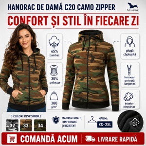 Hanorac Camuflaj Damă cu Glugă și Fermoar Malfini C20 Camo Zipper – 300 g/m² - Img 6