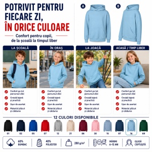 Hanorac copii Malfini 423 Chill cu glugă, buzunar marsupiu, interior pieptănat și croială lejeră - Img 8